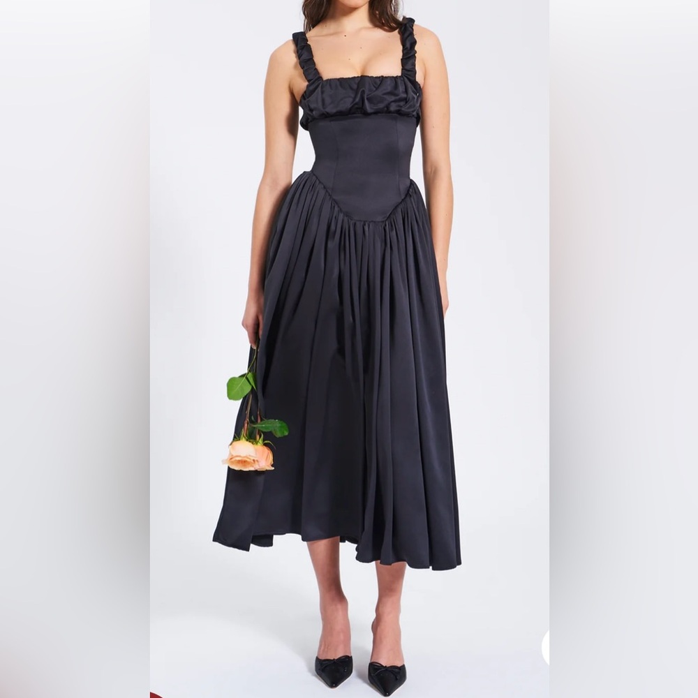 Noreen Black Satin Drop Waist Maxi Sundress